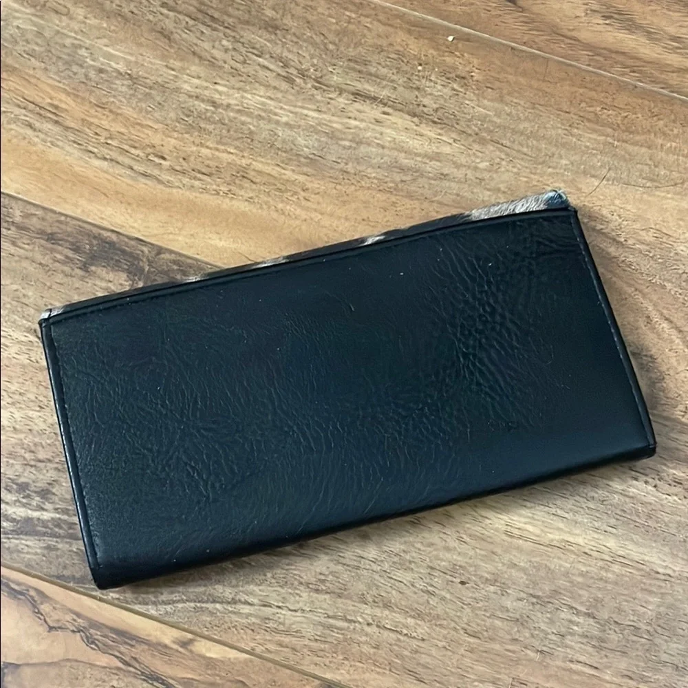 Nicole Miller Black Leather and Leopard Print Wallet with Gold Hardware